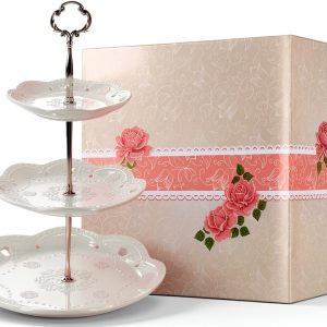 BonNoces Ceramic Tiered Tray White Floral Design Dessert-0
