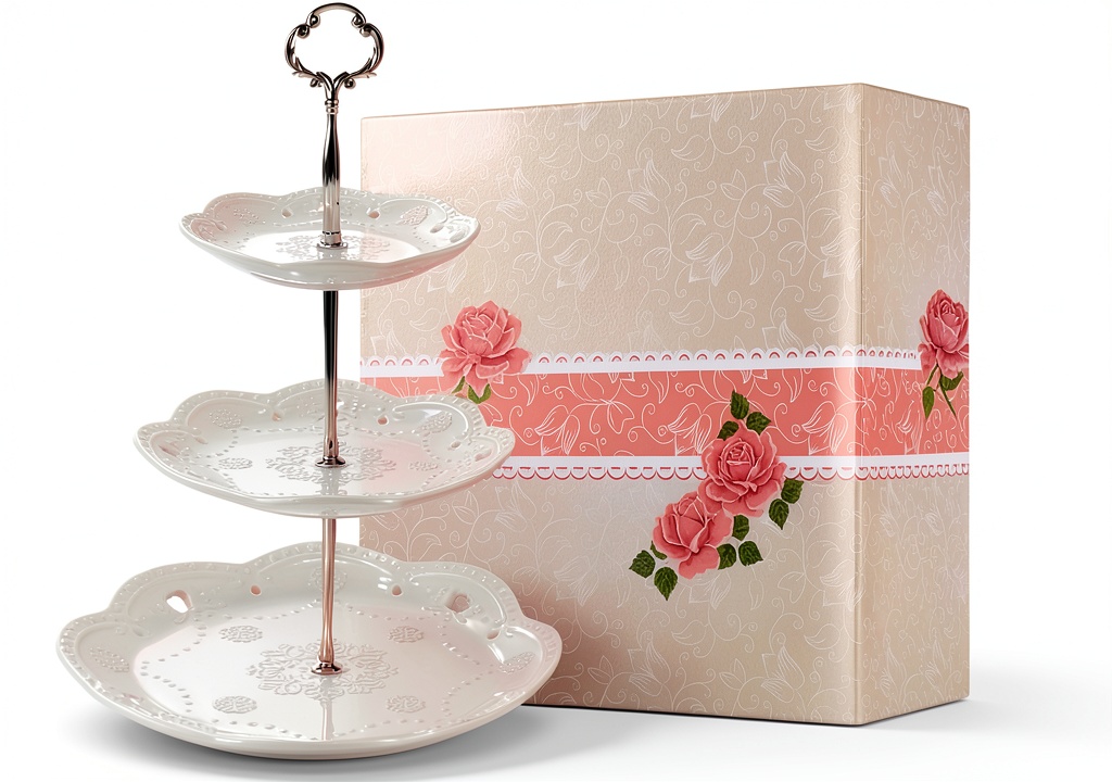 Installing BonNoces Ceramic Tiered Tray White Floral Design Dessert on a wooden desk