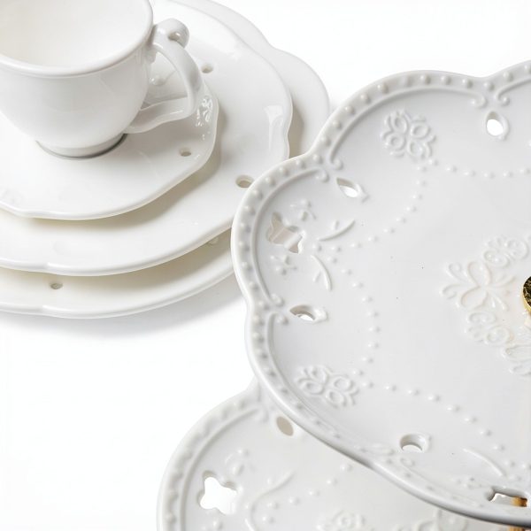 BonNoces Ceramic Tiered Tray White Floral Design Dessert-2
