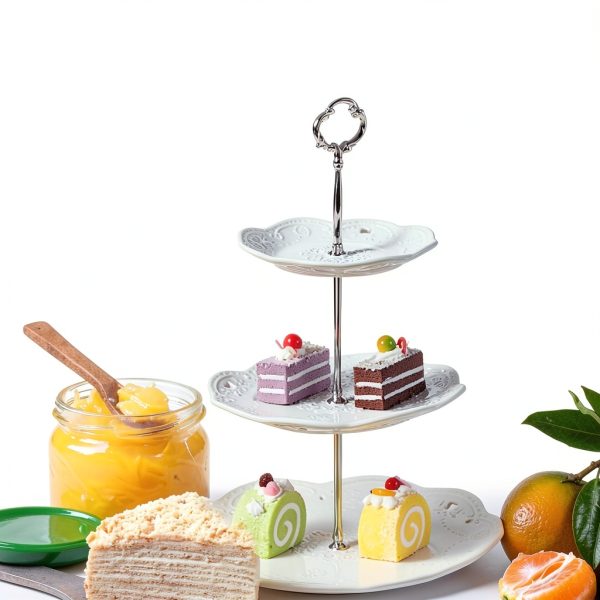 BonNoces Ceramic Tiered Tray White Floral Design Dessert-6