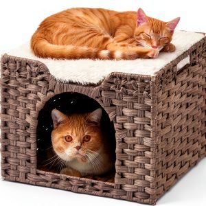 Cat Beds Indoor Kitten House SETVSON Handwoven Rattan Gray Cube 16.5"-0