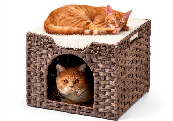 Cat Beds Indoor Kitten House SETVSON Handwoven Rattan Gray Cube 16.5"-0
