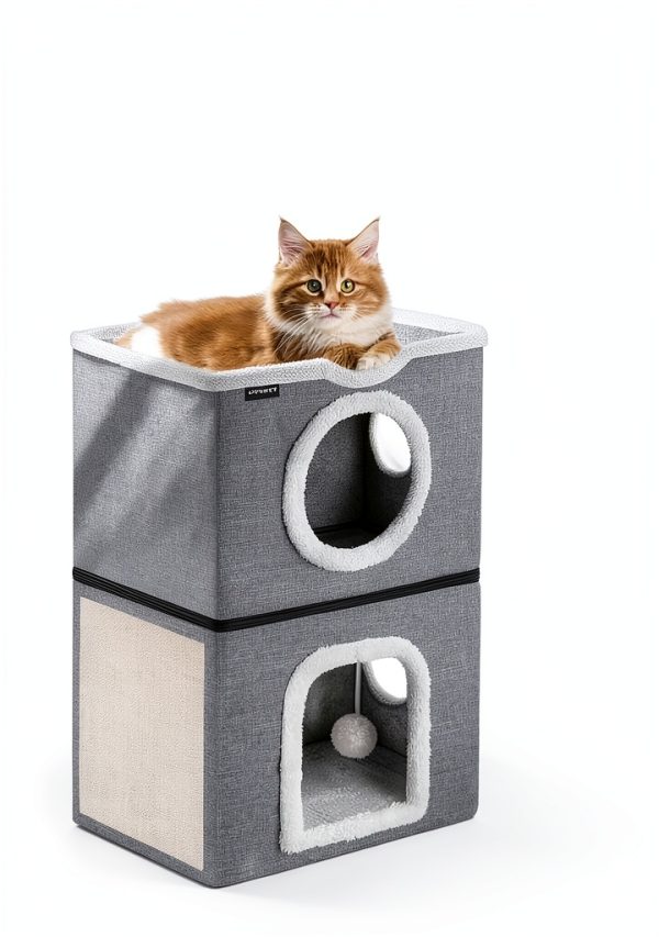 URPOWER 2 Story Cat Bed, Large Cat House for Indoor Cats Covered Cat Cave with Hideaway, Scratch Pad and Fluffy Ball, Foldable Cat Cube Condos Kitten Beds & Furniture for Multiple Small Pets-3