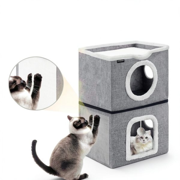 URPOWER 2 Story Cat Bed, Large Cat House for Indoor Cats Covered Cat Cave with Hideaway, Scratch Pad and Fluffy Ball, Foldable Cat Cube Condos Kitten Beds & Furniture for Multiple Small Pets-2