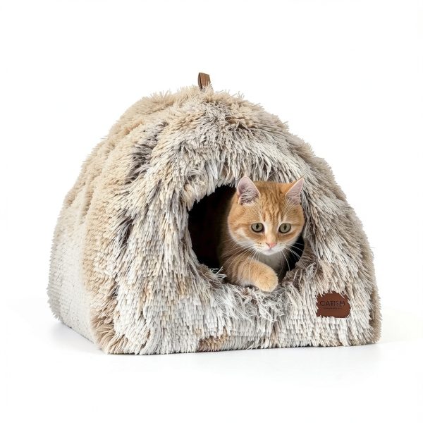 Cat Bed CATISM 2-in-1 Foldable Dome with Washable Pillow – Brown L-6