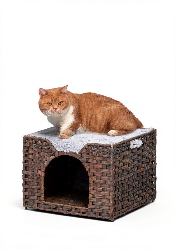 Cat Beds Indoor Kitten House SETVSON Handwoven Rattan Gray Cube 16.5"-6