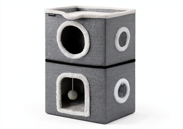 URPOWER 2 Story Cat Bed, Large Cat House for Indoor Cats Covered Cat Cave with Hideaway, Scratch Pad and Fluffy Ball, Foldable Cat Cube Condos Kitten Beds & Furniture for Multiple Small Pets-5