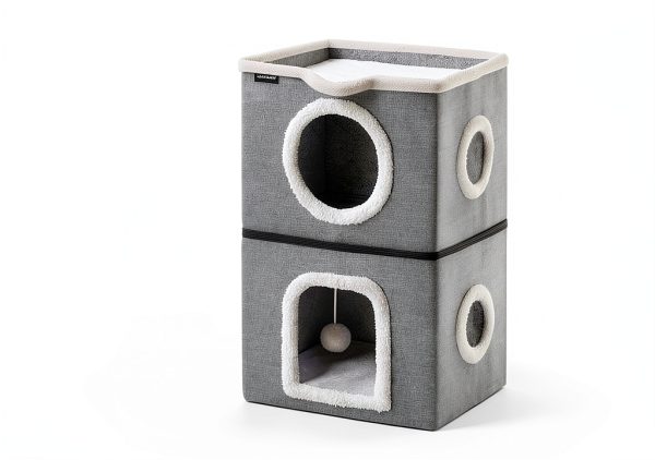 URPOWER 2 Story Cat Bed, Large Cat House for Indoor Cats Covered Cat Cave with Hideaway, Scratch Pad and Fluffy Ball, Foldable Cat Cube Condos Kitten Beds & Furniture for Multiple Small Pets-6