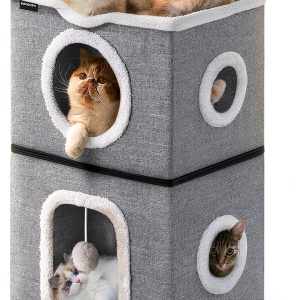 URPOWER 2 Story Cat Bed, Large Cat House for Indoor Cats Covered Cat Cave with Hideaway, Scratch Pad and Fluffy Ball, Foldable Cat Cube Condos Kitten Beds & Furniture for Multiple Small Pets-0