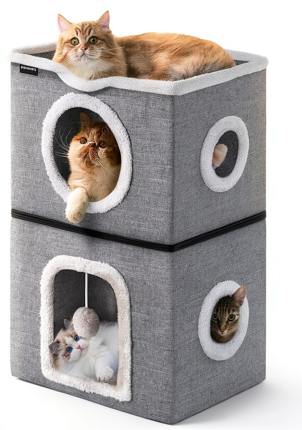 URPOWER 2 Story Cat Bed, Large Cat House for Indoor Cats Covered Cat Cave with Hideaway, Scratch Pad and Fluffy Ball, Foldable Cat Cube Condos Kitten Beds & Furniture for Multiple Small Pets-0