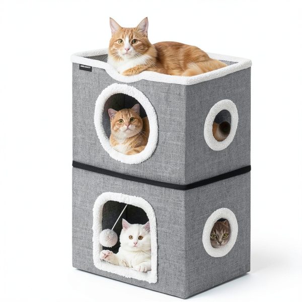 URPOWER 2 Story Cat Bed, Large Cat House for Indoor Cats Covered Cat Cave with Hideaway, Scratch Pad and Fluffy Ball, Foldable Cat Cube Condos Kitten Beds & Furniture for Multiple Small Pets-4