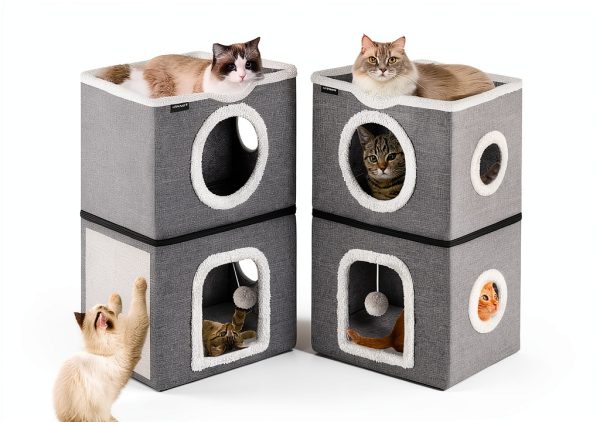 URPOWER 2 Story Cat Bed, Large Cat House for Indoor Cats Covered Cat Cave with Hideaway, Scratch Pad and Fluffy Ball, Foldable Cat Cube Condos Kitten Beds & Furniture for Multiple Small Pets-1