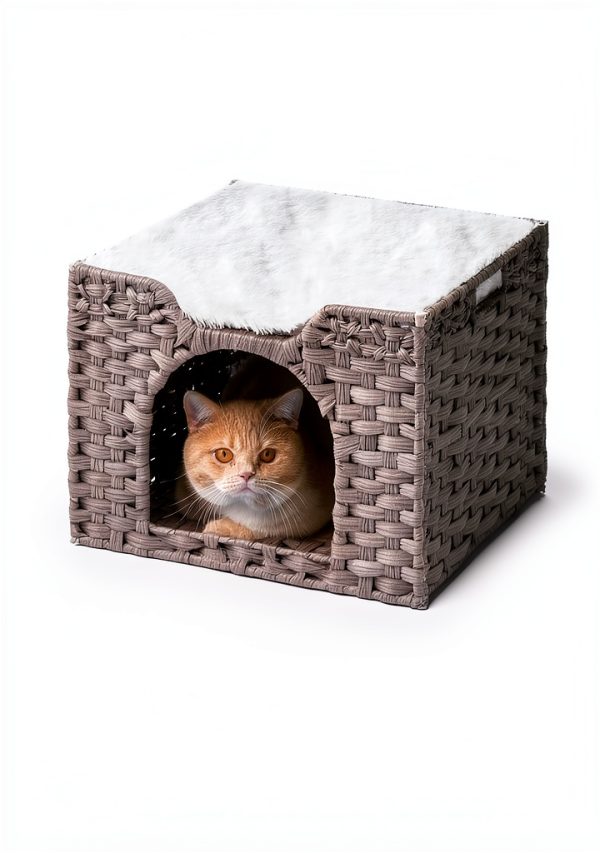 Cat Beds Indoor Kitten House SETVSON Handwoven Rattan Gray Cube 16.5"-5