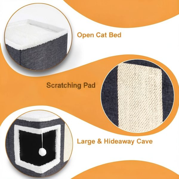 Cat Houses for Indoor Cats - Large Cat Bed Cave with Scratch Pad and Fluffy Ball, Foldable Cat Condo Hideaway with Reversible Cushion for Multi Small Pet, Dark Grey-3