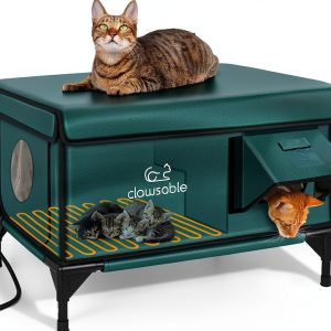 Indestructible Heated Cat House for Outside Winter, 100% Waterproof, Safe Escape Door, Insulated Outdoor Cat Shelter with Heater for Feral Barn Cat Kitty (Forest Green, 26"x16"x18")-0