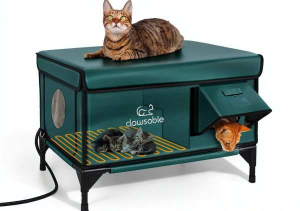 Indestructible Heated Cat House for Outside Winter, 100% Waterproof, Safe Escape Door, Insulated Outdoor Cat Shelter with Heater for Feral Barn Cat Kitty (Forest Green, 26"x16"x18")-0