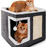 Cat Houses for Indoor Cats - Large Cat Bed Cave with Scratch Pad and Fluffy Ball, Foldable Cat Condo Hideaway with Reversible Cushion for Multi Small Pet, Dark Grey-0