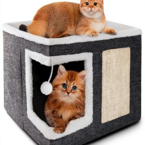 Cat Houses for Indoor Cats - Large Cat Bed Cave with Scratch Pad and Fluffy Ball, Foldable Cat Condo Hideaway with Reversible Cushion for Multi Small Pet, Dark Grey-0