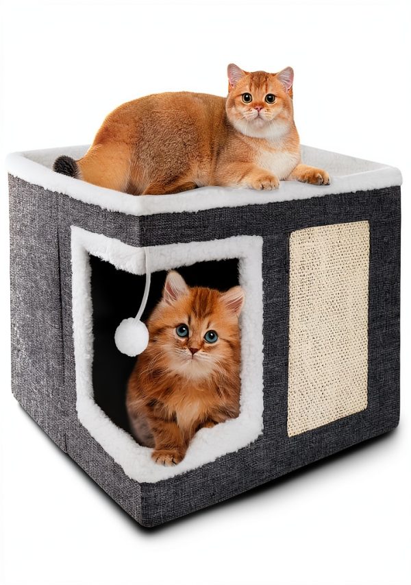 Cat Houses for Indoor Cats - Large Cat Bed Cave with Scratch Pad and Fluffy Ball, Foldable Cat Condo Hideaway with Reversible Cushion for Multi Small Pet, Dark Grey-0