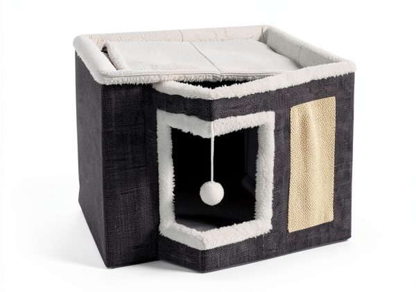 Cat Houses for Indoor Cats - Large Cat Bed Cave with Scratch Pad and Fluffy Ball, Foldable Cat Condo Hideaway with Reversible Cushion for Multi Small Pet, Dark Grey-5
