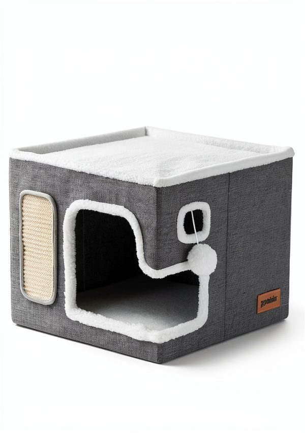 Cat Beds Apollo Indoor House with Fluffy Ball Scratch Pad Grey XL-4