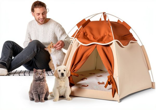 Cat Tent Gigreinc Indoor Dog House Beige Medium with Flower Canopy-4