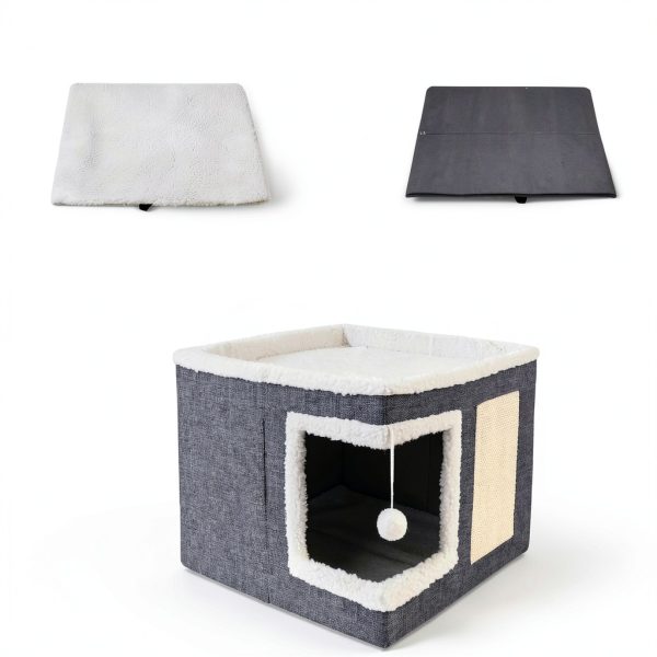 Cat Houses for Indoor Cats - Large Cat Bed Cave with Scratch Pad and Fluffy Ball, Foldable Cat Condo Hideaway with Reversible Cushion for Multi Small Pet, Dark Grey-4