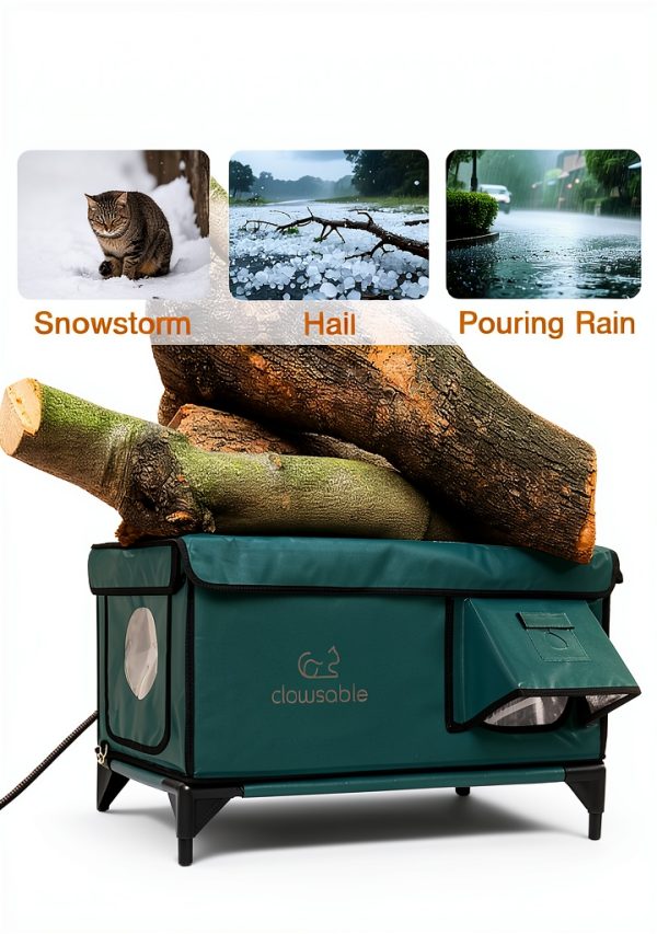 Indestructible Heated Cat House for Outside Winter, 100% Waterproof, Safe Escape Door, Insulated Outdoor Cat Shelter with Heater for Feral Barn Cat Kitty (Forest Green, 26"x16"x18")-1