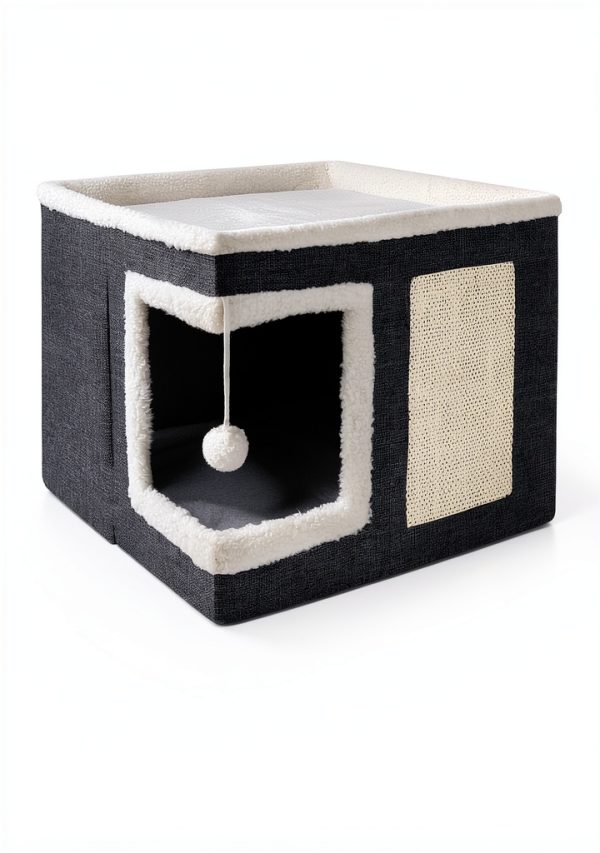 Cat Houses for Indoor Cats - Large Cat Bed Cave with Scratch Pad and Fluffy Ball, Foldable Cat Condo Hideaway with Reversible Cushion for Multi Small Pet, Dark Grey-2