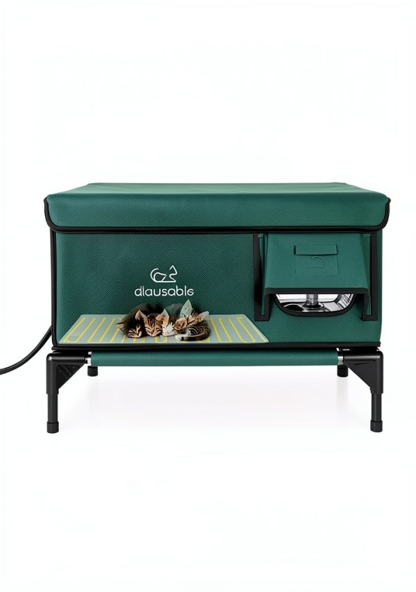 Indestructible Heated Cat House for Outside Winter, 100% Waterproof, Safe Escape Door, Insulated Outdoor Cat Shelter with Heater for Feral Barn Cat Kitty (Forest Green, 26"x16"x18")-2