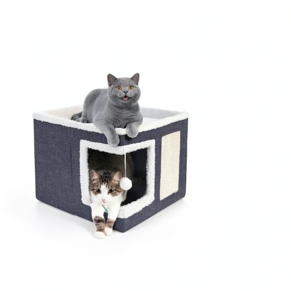 Cat Houses for Indoor Cats - Large Cat Bed Cave with Scratch Pad and Fluffy Ball, Foldable Cat Condo Hideaway with Reversible Cushion for Multi Small Pet, Dark Grey-1